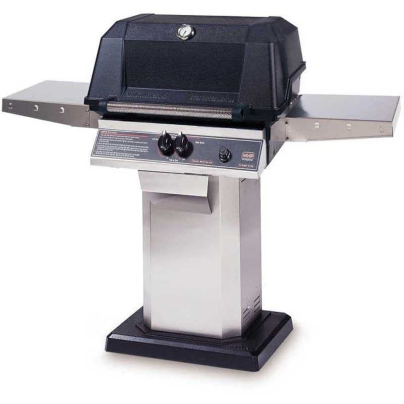 MHP WNK4DD Gas Grill With Stainless Steel Shelves And SearMagic Grids On Stainless Patio Base