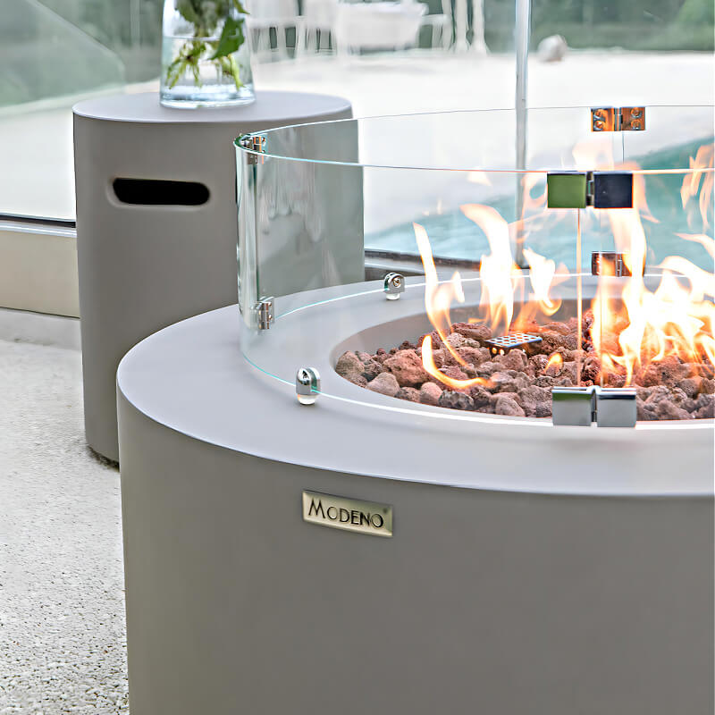 Modeno Tramore Light Gray Concrete Round Fire Table With  Tempered Glass
