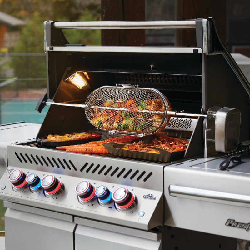 Napoleon Prestige PRO 500 4-Burner Grill | Shown with Roasting Basket (Basket Sold Sperately)