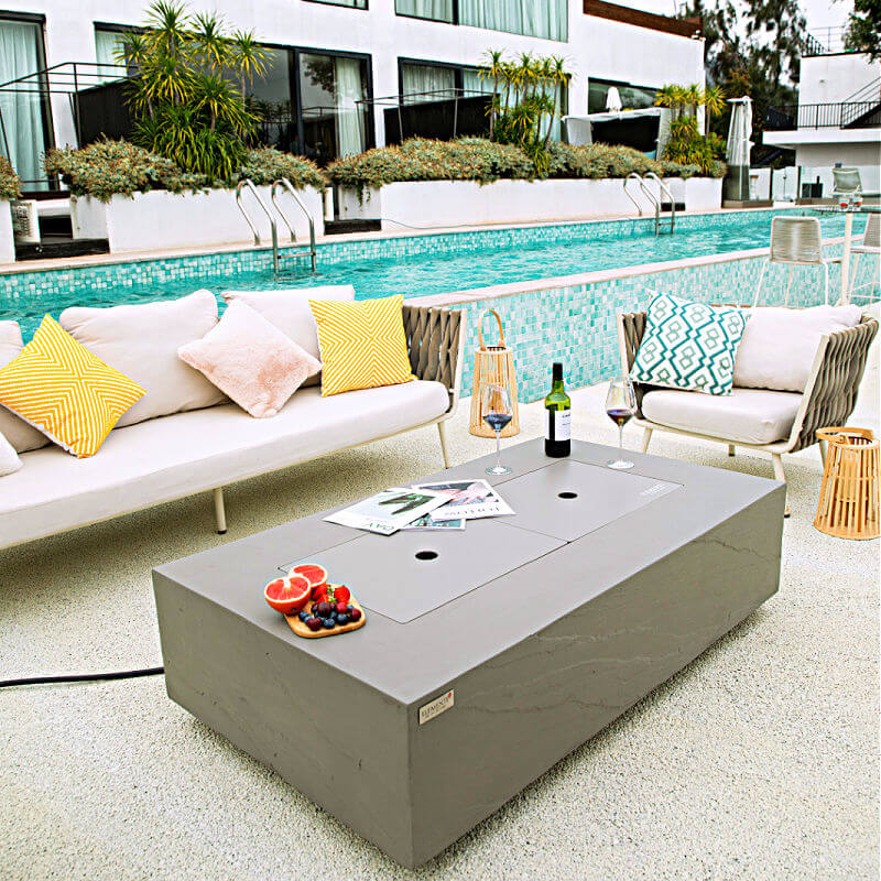 Elementi Plus Meteora Space Gray Concrete Rectangular Fire Table  on Pool Patio