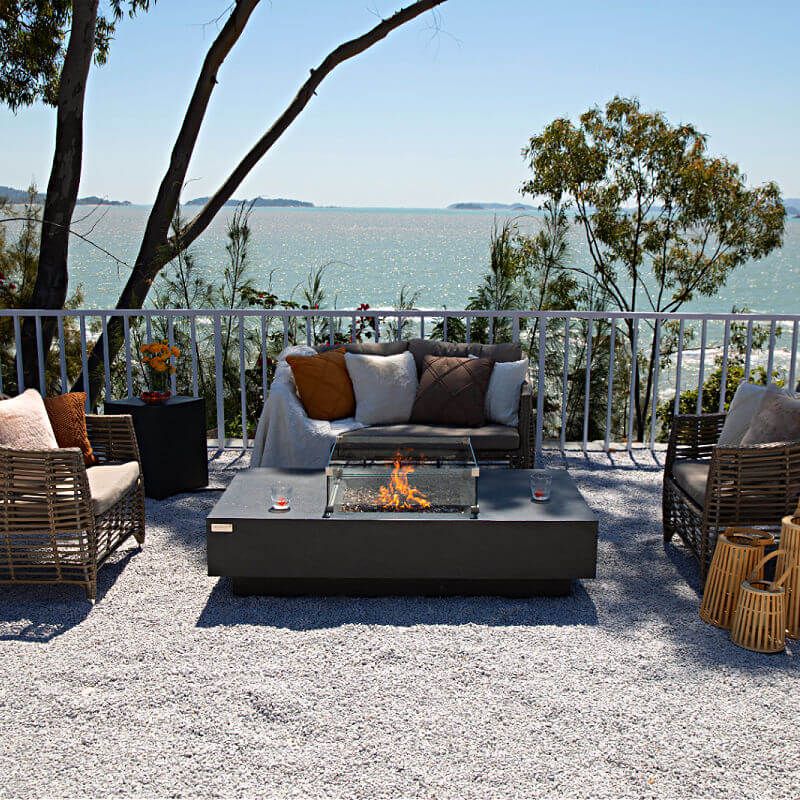 Elementi Plus Cannes Slate Black Concrete Rectangular Fire Table  on Patio