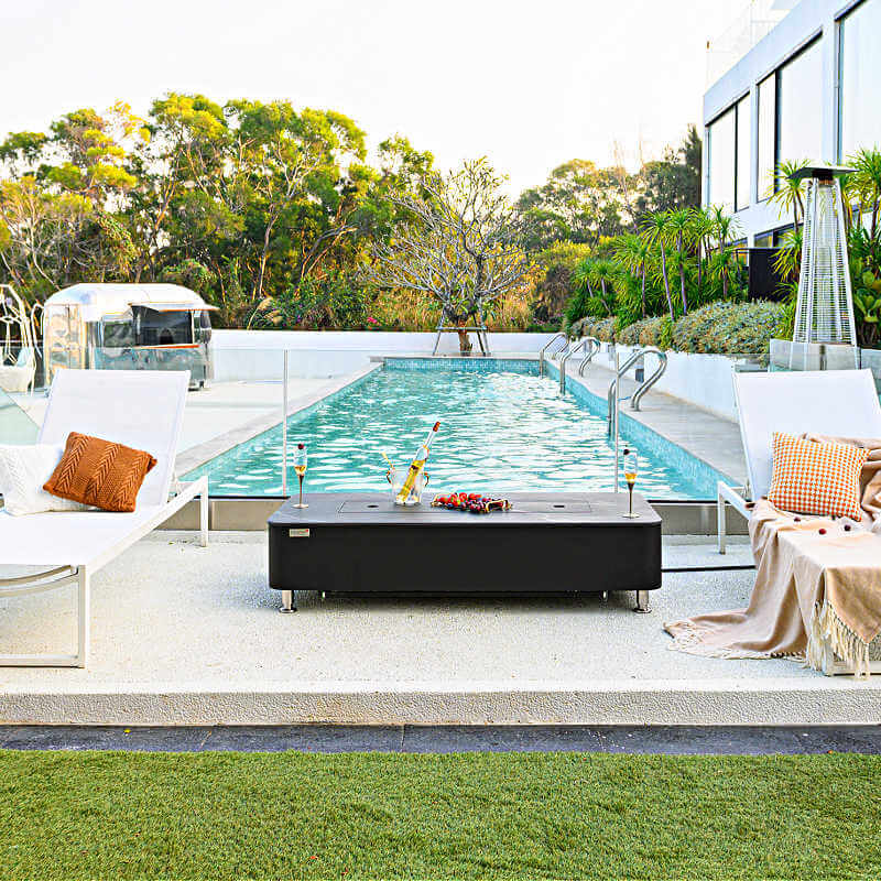 Elementi Plus Valencia Black Marble Porcelain Fire Table with Aluminum Lid on Pool Patio