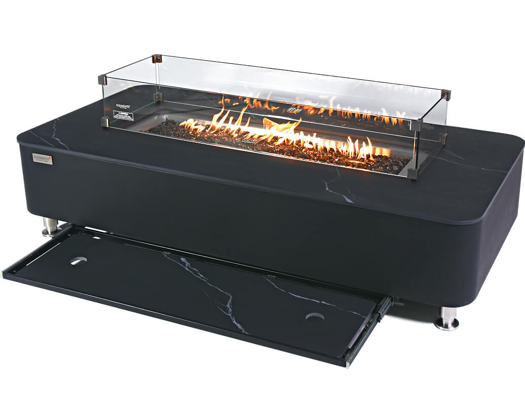 Elementi Plus Valencia Black Marble Porcelain Fire Table with Tempered Glass Wind Guard