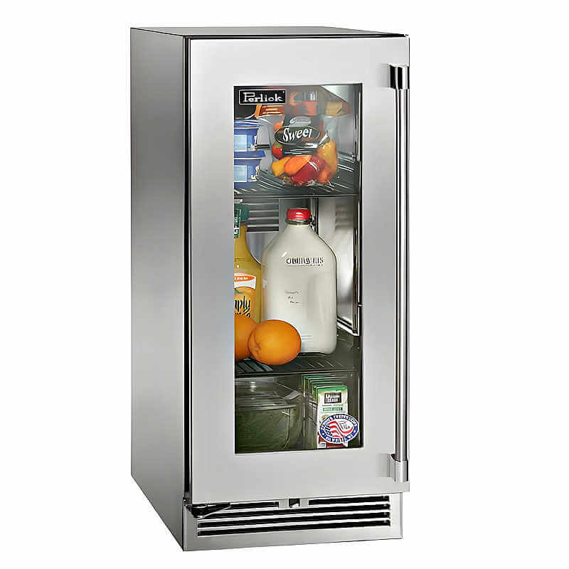 Perlick 15-Inch Signature Series Stainless Steel Glass Door Outdoor Refrigerator with Door Lock - HP15BO-4-3