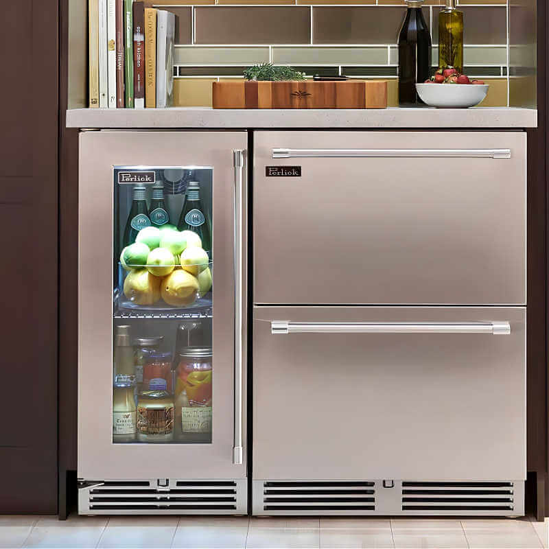 Perlick 15-Inch Signature Series Stainless Steel Glass Door Outdoor Refrigerator with Door Lock | Shown in Kitchen