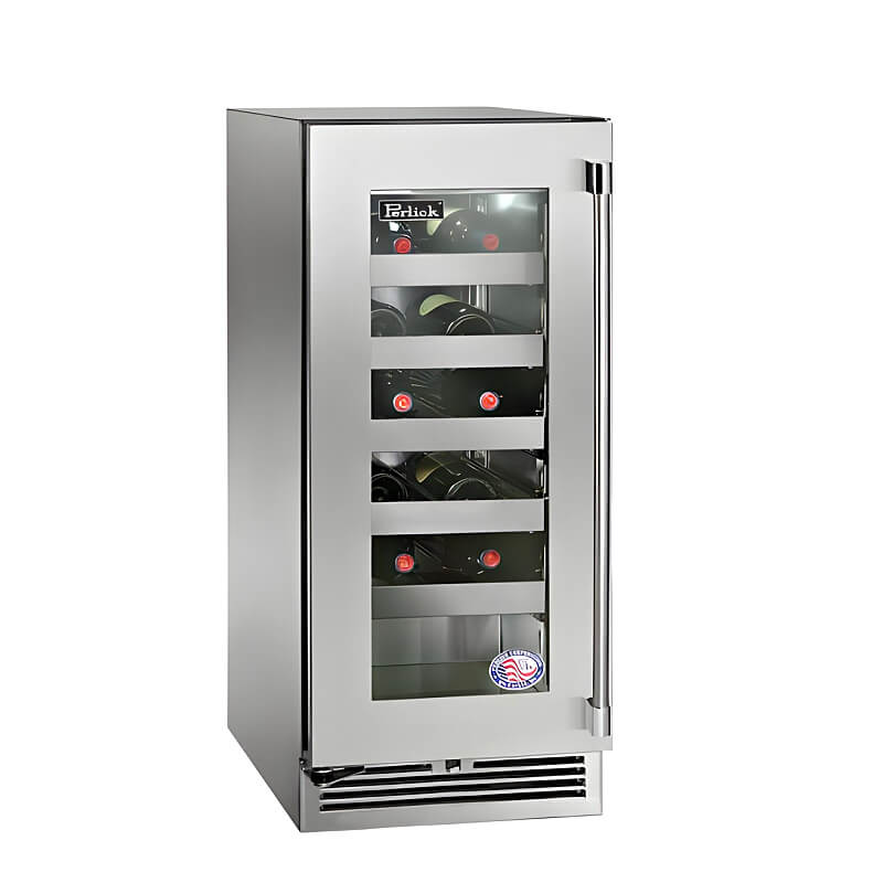 Perlick 15-Inch Signature Series Stainless Steel Glass Door Marine Grade Outdoor Wine Reserve with Lock - Left Hinge