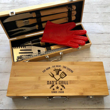 Personalized Engraved 8 Piece BBQ Set with Bamboo Case