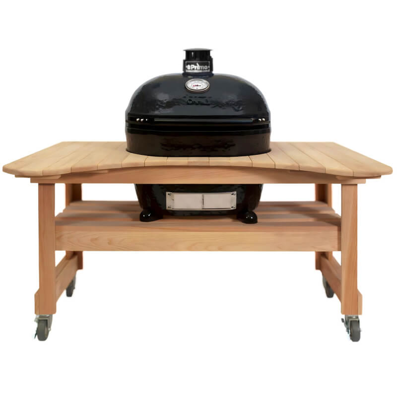 Primo Oval XL 400 Ceramic Kamado Grill On Curved Cypress Table  - PGCXLH