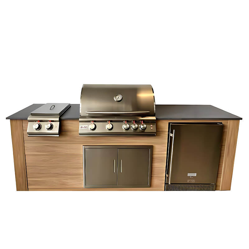 Pro-Fit 8 Foot Outdoor Kitchen | Base Finish: Golden Cypress | Countertop: Grigio Piombo Satin