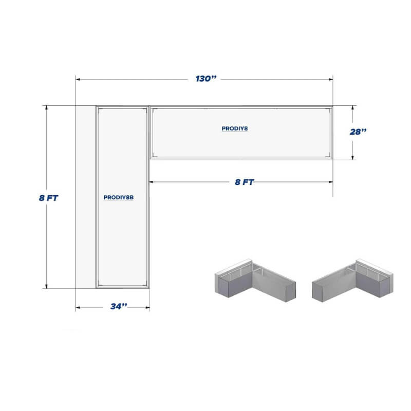 Pro-Fit DIY PRO L-Shaped 8 Ft x  Ft Unfinished Grill Island w/ 8 Ft Bar | Top View Specs