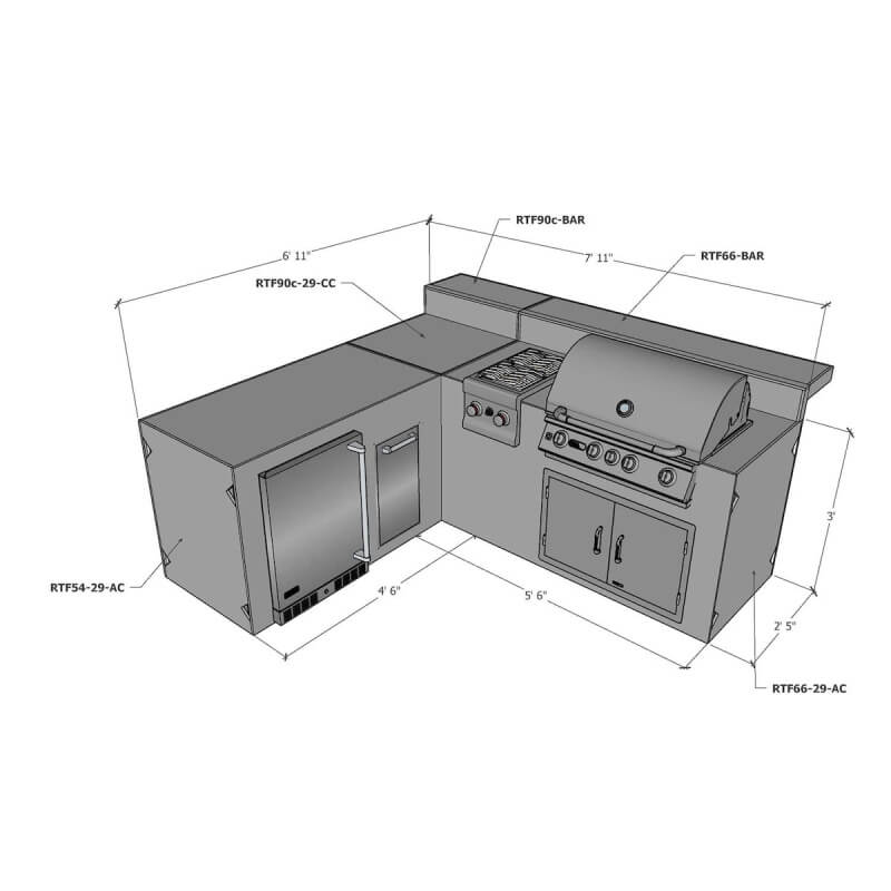 RTF Systems L-Shaped Outdoor Kitchen w/ Cabinets & Bars | Appliances Rendering