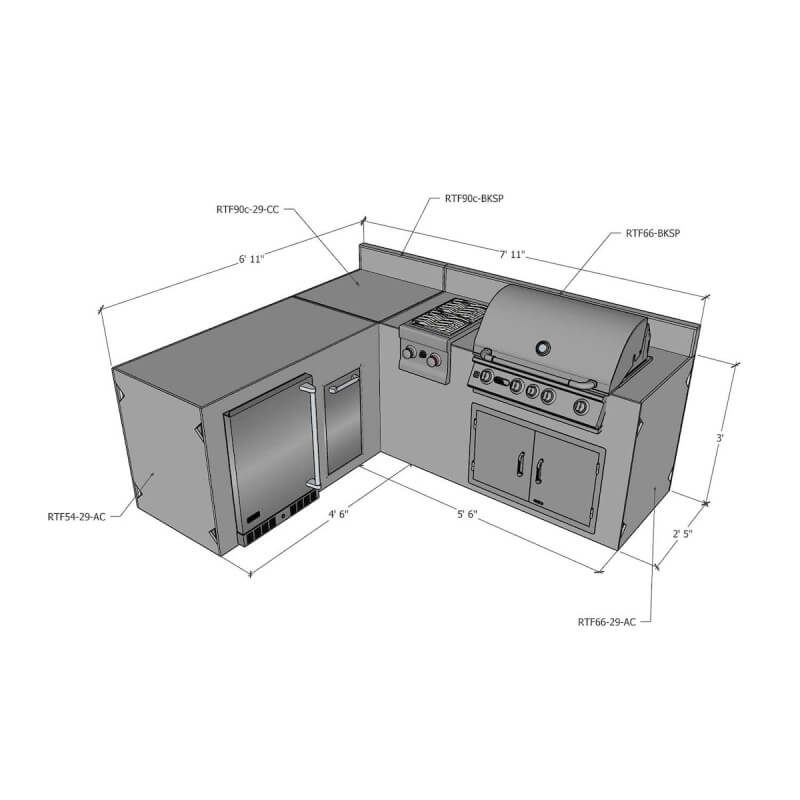 RTF Systems Ready To Finish L-Shaped Outdoor Kitchen System Appliance and Storage Cabinets w/ Backsplash | Appliances