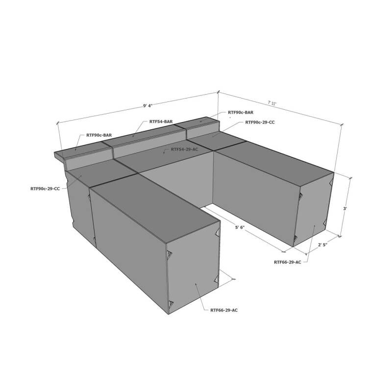 RTF Systems U-Shaped Outdoor Kitchen w/ Cabinets & Bars | Dimensions