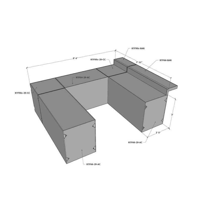 RTF Systems U-Shaped Outdoor Kitchen w/ Cabinets & Bars | Dimensions