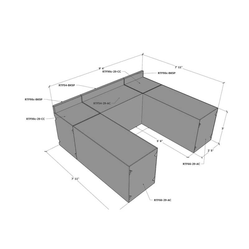 RTF Systems U-Shaped Outdoor Kitchen w/ Backsplash | Dimensions