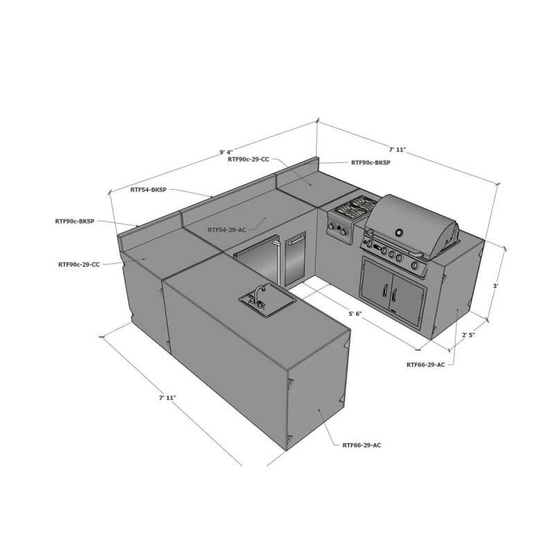 RTF Systems Ready To Finish U-Shaped Outdoor Kitchen System Appliance and Storage Cabinets W/ Backsplashes On 54 Inch & 90 Degree Corner Cabinets