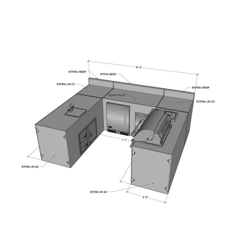 RTF Systems Ready To Finish U-Shaped Outdoor Kitchen System Appliance and Storage Cabinets W/ Backsplashes On 54 Inch & 90 Degree Corner Cabinets