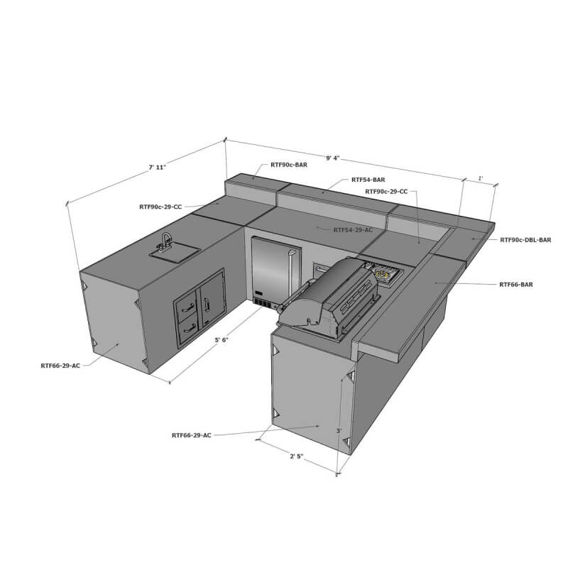 RTF Systems U-Shaped Outdoor Kitchen w/ Cabinets & Bars | Rear View