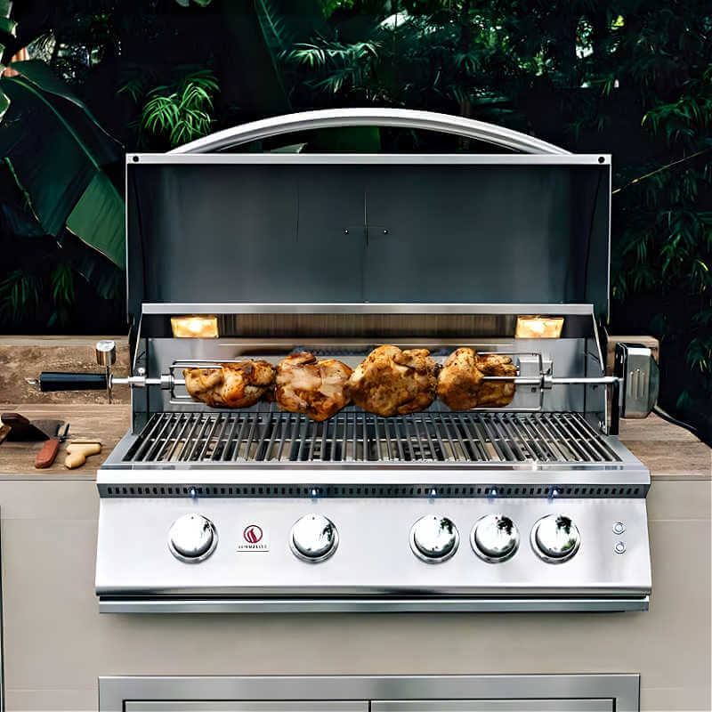 Summerset Sizzler Pro 32 Inch 4 Burner Built-In Gas Grill | Shown with Rotisserie Kit Roasting Chickens