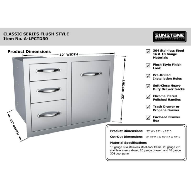 Sunstone 30-Inch Tank Tray Triple Drawer Combo | Features