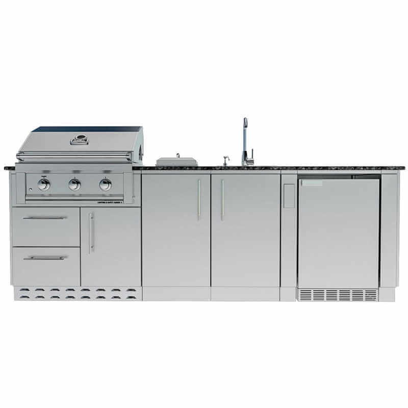 Sunstone Grills Bayou 8 1/2 Ft Outdoor Kitchen Island w/ Gas Grill & Side Burner, Sink, Refrigerator, Door & Drawer