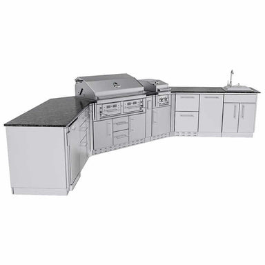 Sunstone Grills Big-Texan 21 Ft Outdoor Kitchen Island w/ Grill & Side Burner, Sink, Refrigerator, Trash Bin, Door & Drawer