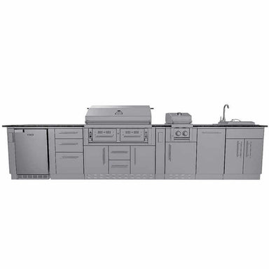 Sunstone Grills Dallas 14 Ft Outdoor Kitchen Island w/ Grill & Side Burner, Sink, Refrigerator, Trash Bin, Door & Drawer