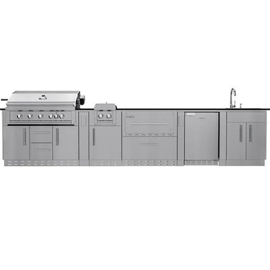 Sunstone Grills French Quarter 13 1/2 Ft Outdoor Kitchen Island w/ Gas Grill & Side Burner, Sink, Refrigerator, Door & Drawer