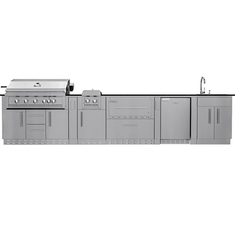 Sunstone Grills French Quarter 13 1/2 Ft Outdoor Kitchen Island w/ Gas Grill & Side Burner, Sink, Refrigerator, Door & Drawer