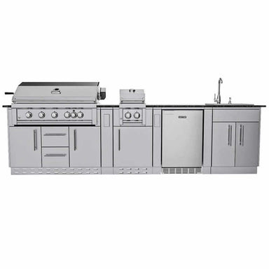 Sunstone Grills Gulf Breeze 10 Ft Outdoor Kitchen Island w/ Gas Grill & Side Burner, Sink, Refrigerator, Door & Drawer