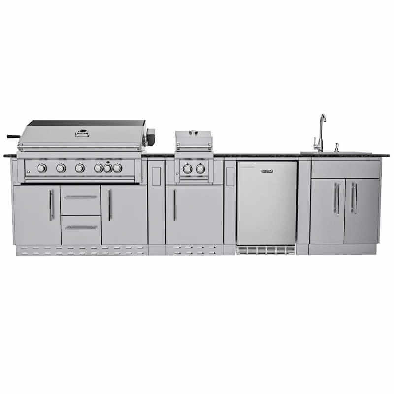 Sunstone Grills Gulf Breeze 10 Ft Outdoor Kitchen Island w/ Gas Grill & Side Burner, Sink, Refrigerator, Door & Drawer