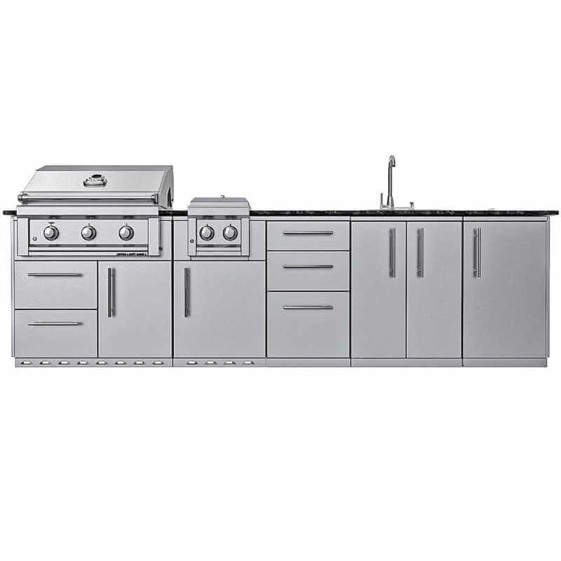 Sunstone Grills Magnolia 10 Ft Outdoor Kitchen Island w/ Gas Grill & Side Burner, Sink, Door & Drawer