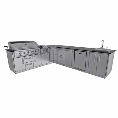 Sunstone Grills Rancher 11 Ft Outdoor Kitchen Island w/ Gas Grill & Side Burner, Sink, Refrigerator, Trash Bin, Door & Drawer