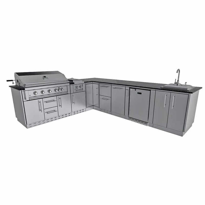 Sunstone Grills Rancher 11 Ft Outdoor Kitchen Island w/ Gas Grill & Side Burner, Sink, Refrigerator, Trash Bin, Door & Drawer
