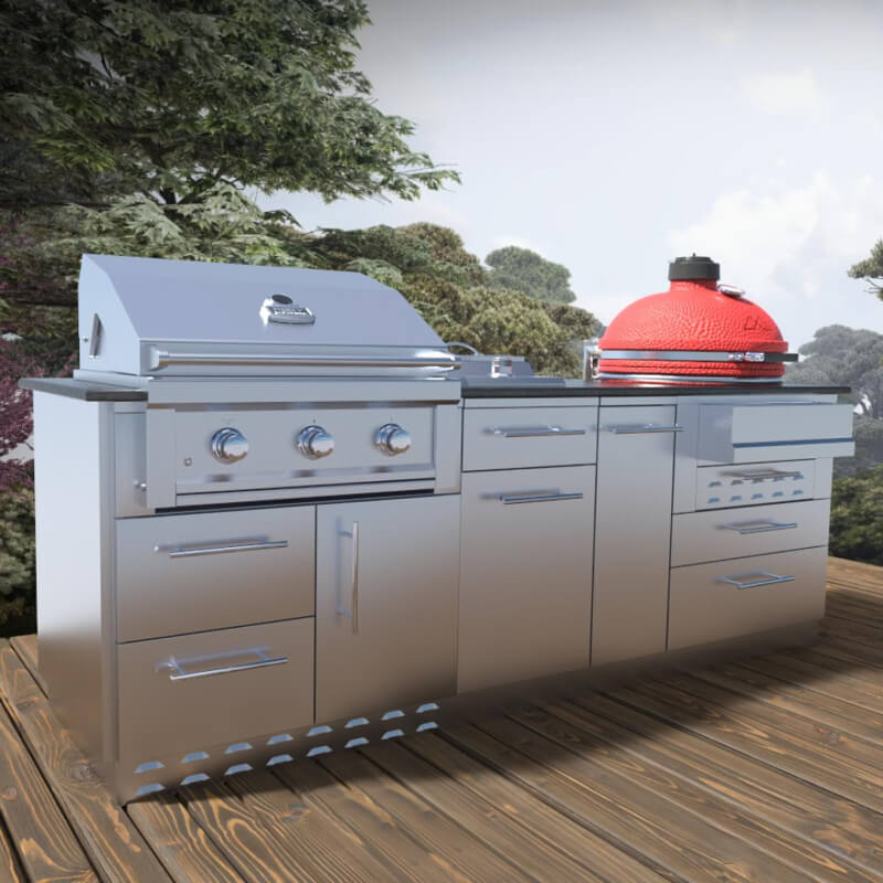 Sunstone Grills SCPKAMADO KAMADO 8 Ft Cabinet Island Package On the Patio Lifestyle