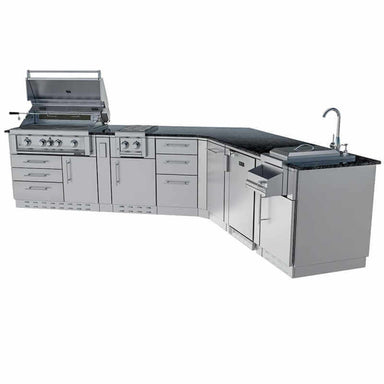 Sunstone Grills Savanna 16 Ft Outdoor Kitchen Island w/ Grill & Side Burner, Sink, Refrigerator, Trash Bin, Door & Drawer