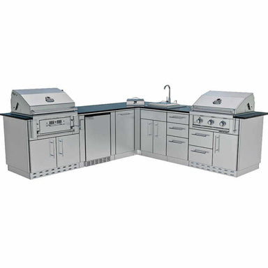 Sunstone Grills Texas Tango 19 Ft Outdoor Kitchen Island w/ Gas Grill & Side Burner, Sink, Refrigerator, Trash Bin, Door & Drawer