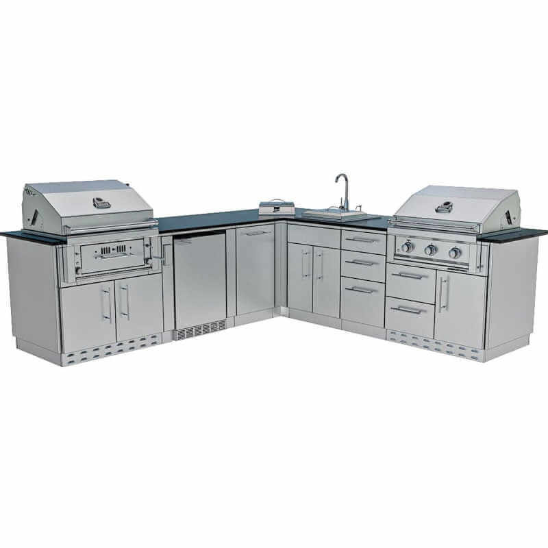 Sunstone Grills Texas Tango 19 Ft Outdoor Kitchen Island w/ Gas Grill & Side Burner, Sink, Refrigerator, Trash Bin, Door & Drawer