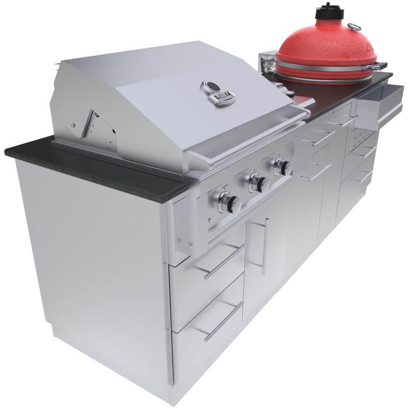 Sunstone 8 Ft Kamado Grill Island | Ruby 3 Burner Gas Grill