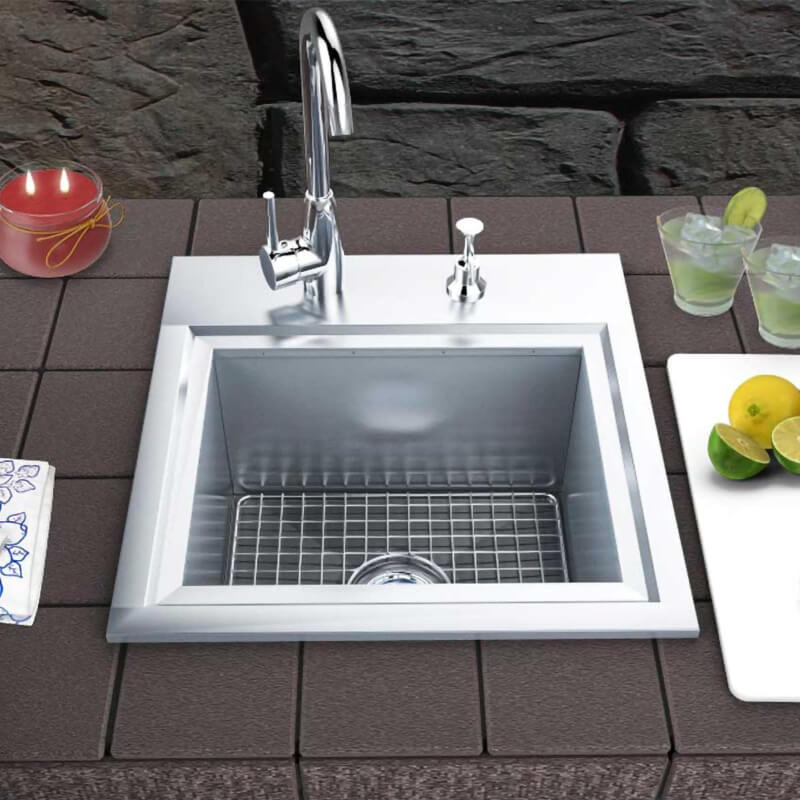 Sunstone Outdoor Stainless Steel Drop In Sink With Faucet | Installed in Outdoor Kitchen