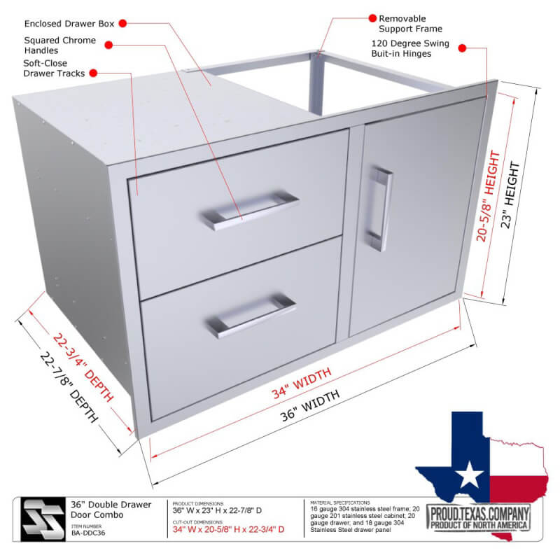 Sunstone Signature Series 36-Inch Double Drawer Door Combo | Dimensions