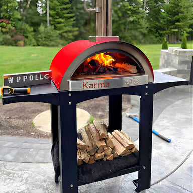 WPPO Karma 25 Inch Red Wood Fired Pizza Oven with Black Cart | Shown With Wood Storage