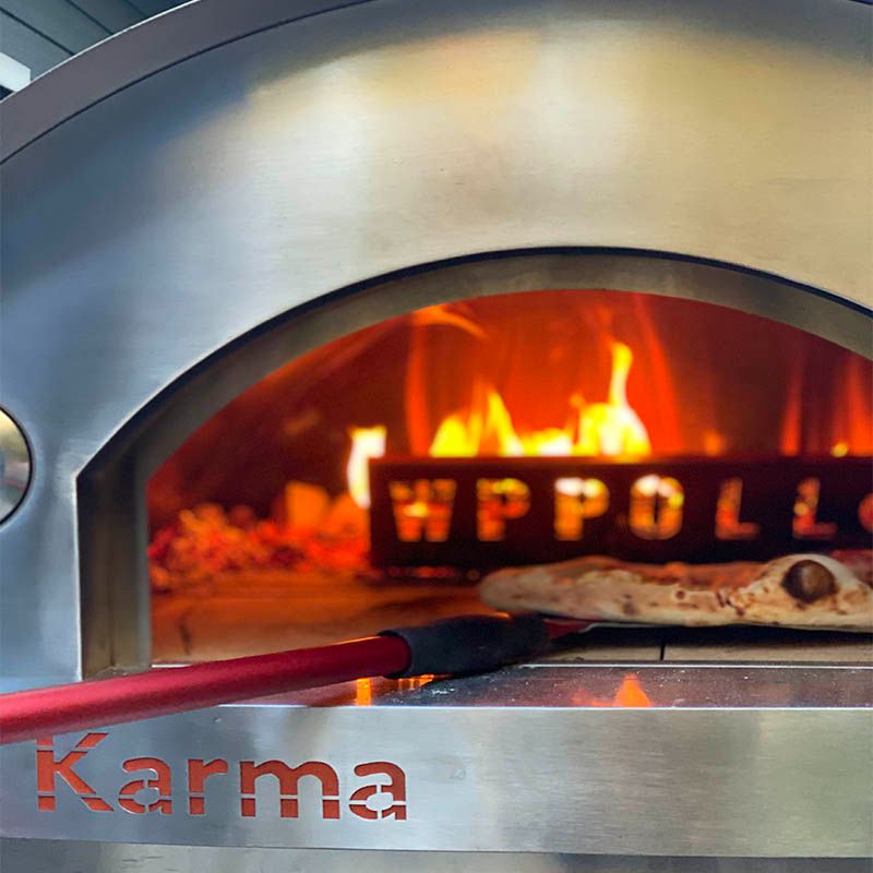 WPPO Karma 55 Inch Commercial Stainless Steel Wood Fired Pizza Oven | Shown With Wood Fire