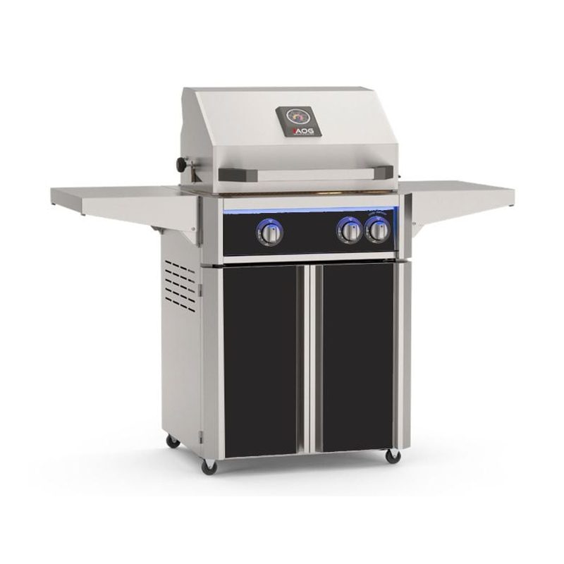 AOG L-Series 24-Inch Freestanding Gas Grill on Cart Accent Black Panel Hood Closed 2026