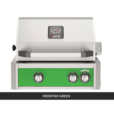 AOG L-Series 24-Inch Built-In Gas Grill Frontier Green Panel Hood Closed 2026