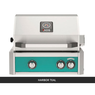 AOG L-Series 24-Inch Built-In Gas Grill Harbor Teal Panel Hood Closed 2026