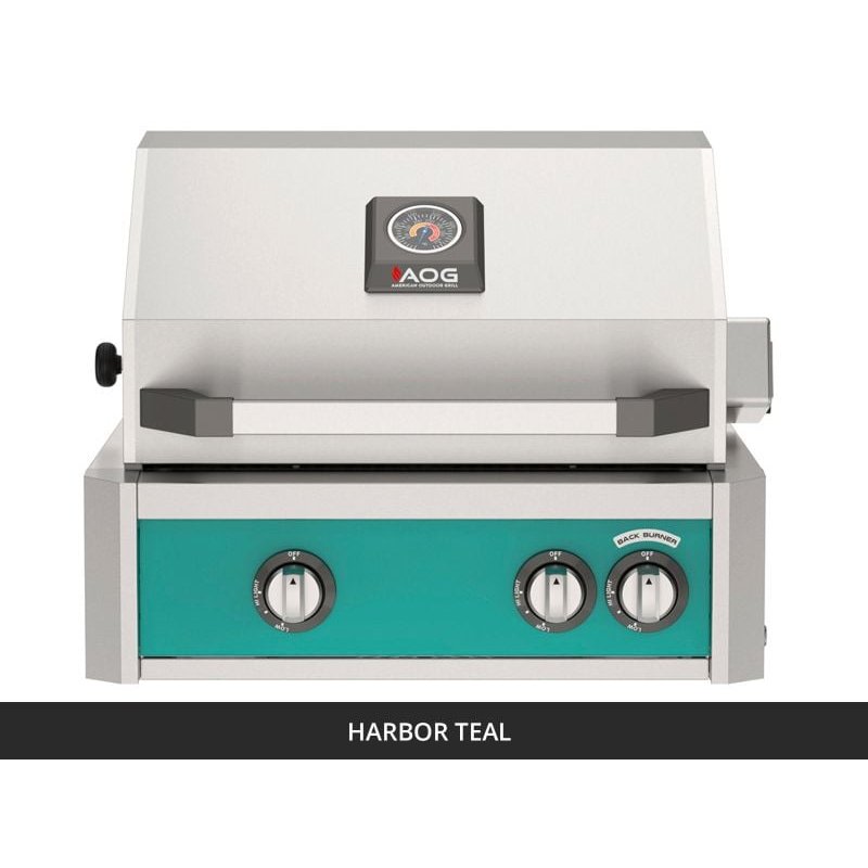 AOG L-Series 24-Inch Built-In Gas Grill Harbor Teal Panel Hood Closed 2026