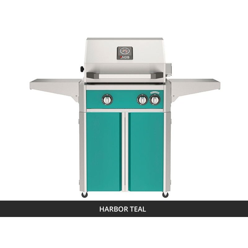 AOG L-Series 24-Inch Freestanding Gas Grill on Cart Harbor Teal Panel Hood Closed 2026