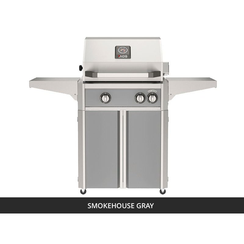 AOG L-Series 24-Inch Freestanding Gas Grill on Cart Smokehouse Gray Panel Hood Closed 2026
