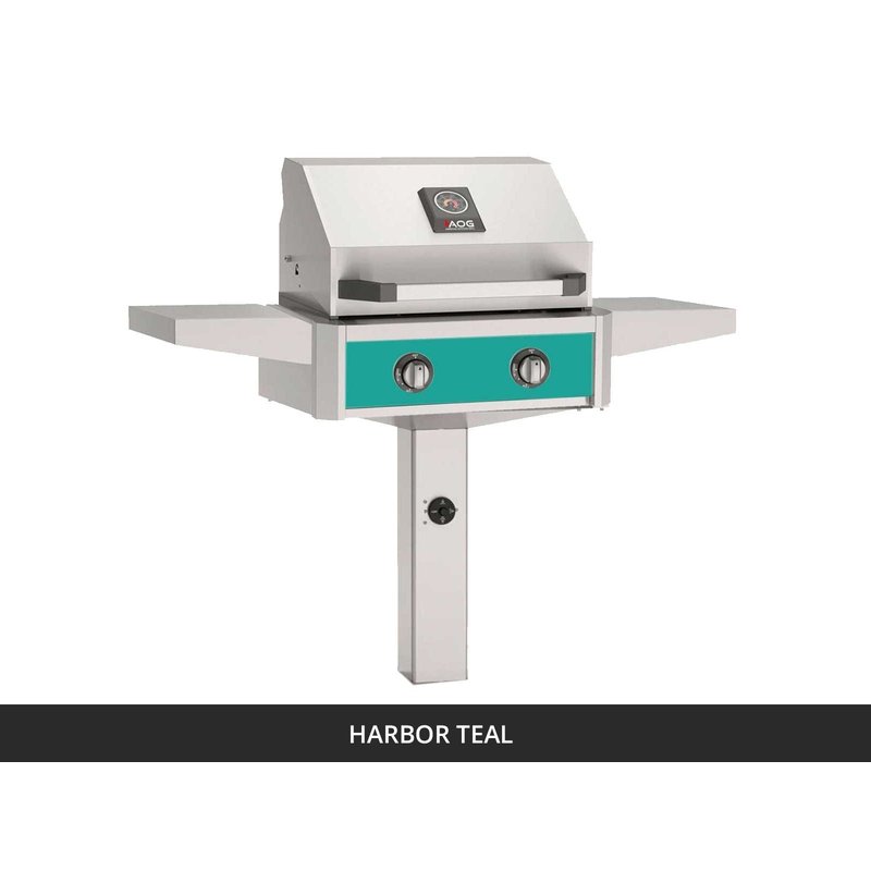 AOG T-Series 24-Inch Gas Grill on In-Ground Post Harbor Teal Panel 2026